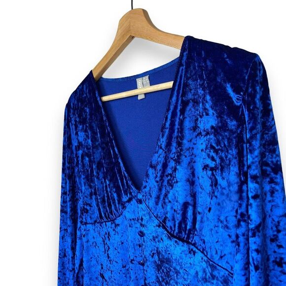 ASOS Velvet Long Sleeve Button Detail Mini Dress in Cobalt Blue - Picture 8 of 9